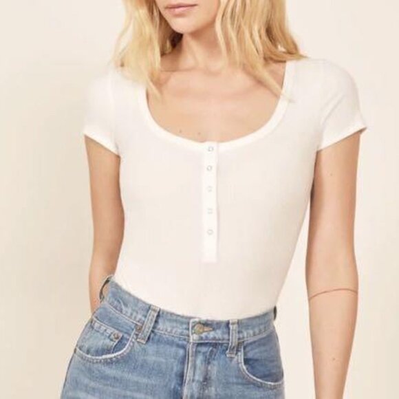Reformation Rawson Ribbed Bodysuit White Plus Size 3X Short Sleeves Classic $78 - Picture 2 of 16